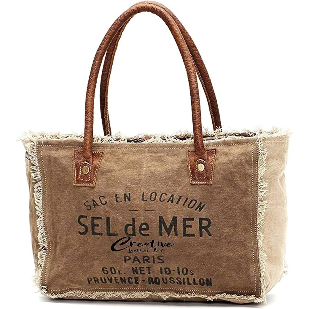 Sel de Mer Canvas Tote Bag for Women with Leather Handles, Shoulder Bag, Casual